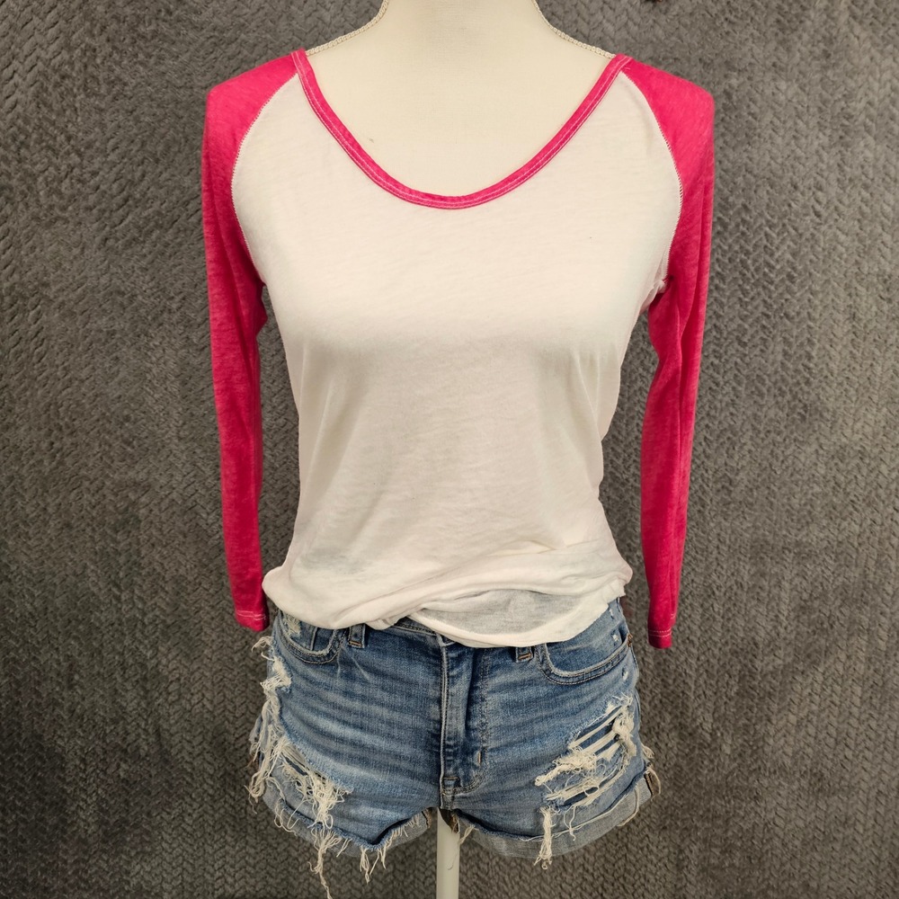 Aeropostale Womens XS Pink White Raglan 3/4 Sleeve Slub Knit Baseball Tee Shirt